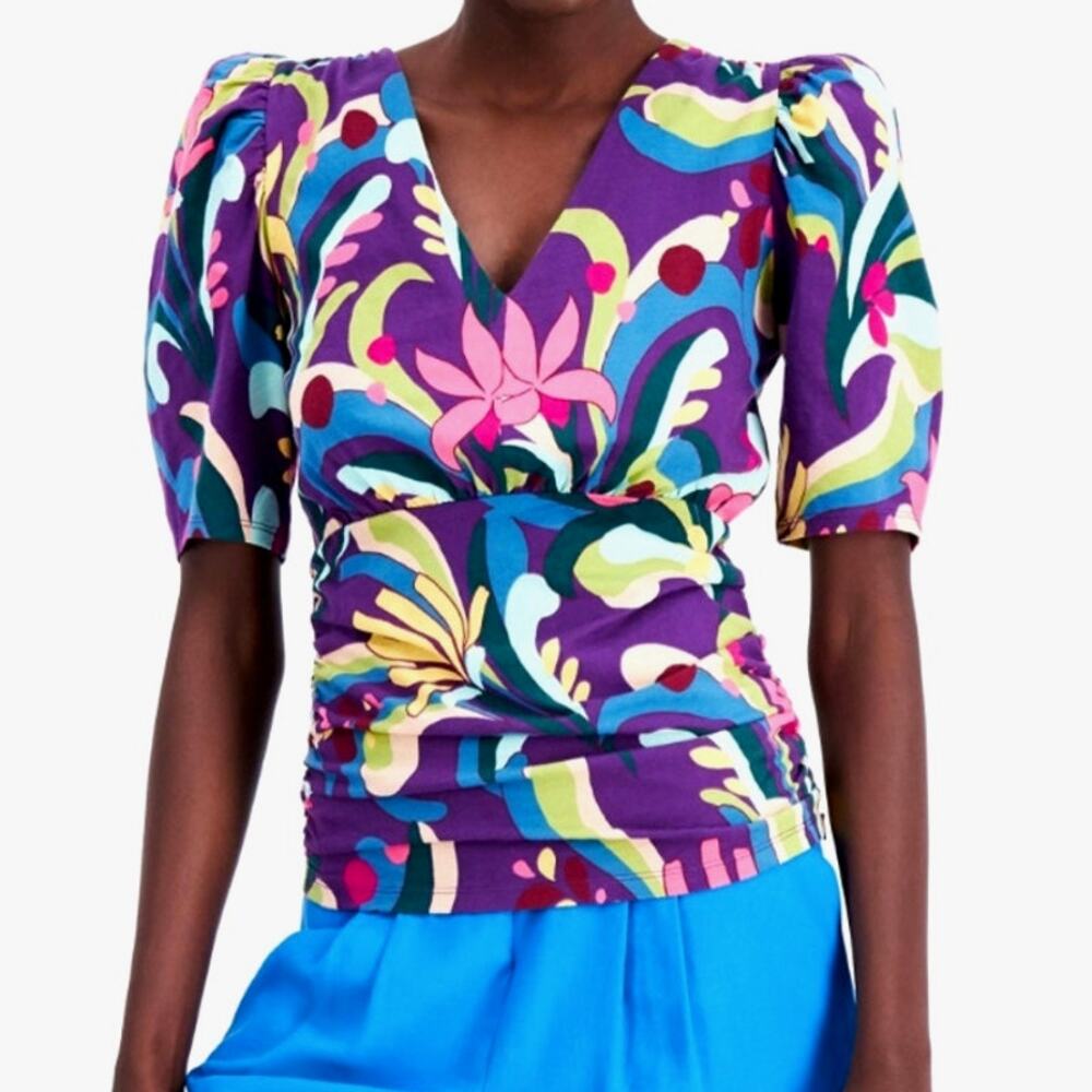 INC Cotton Printed Puff Sleeve Gathered Side Top Luciana Garden Size Small - $60